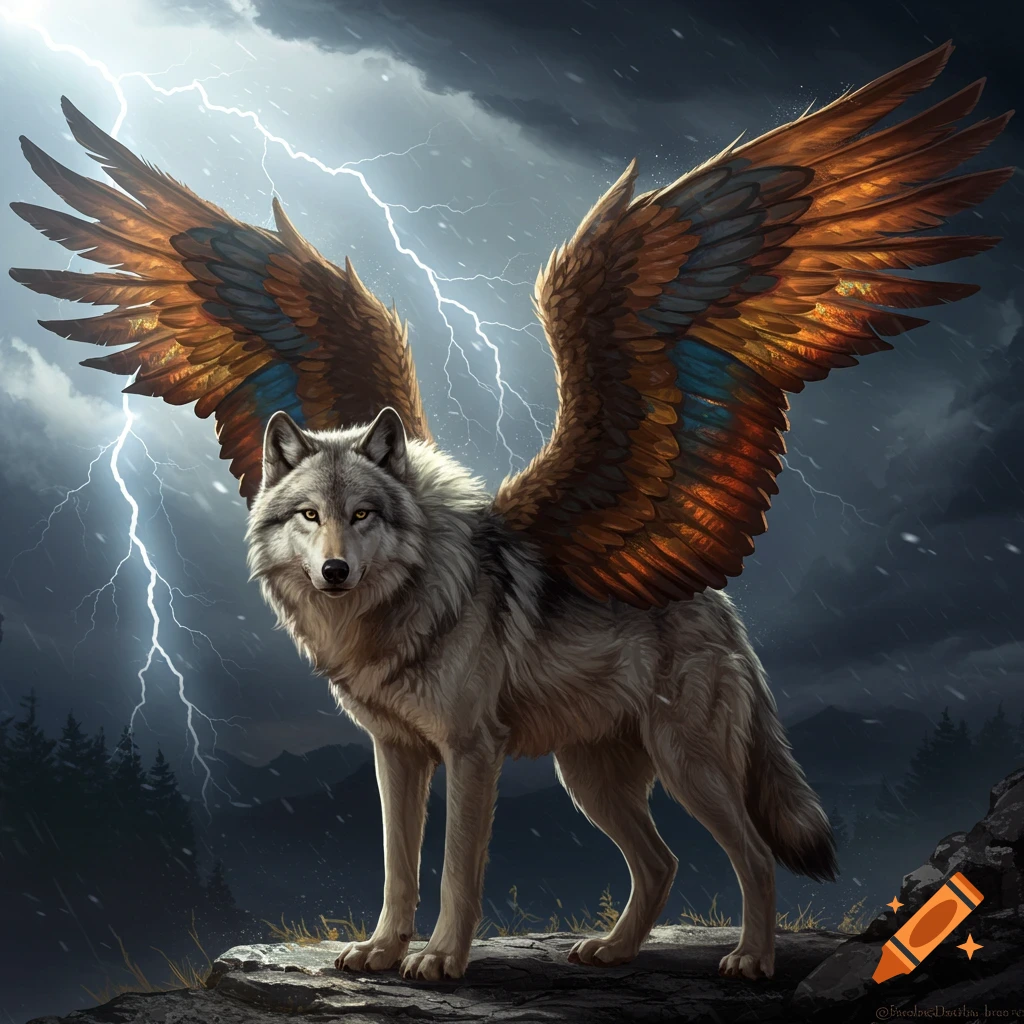 A winged wolf stands on rocks during a thunderstorm.