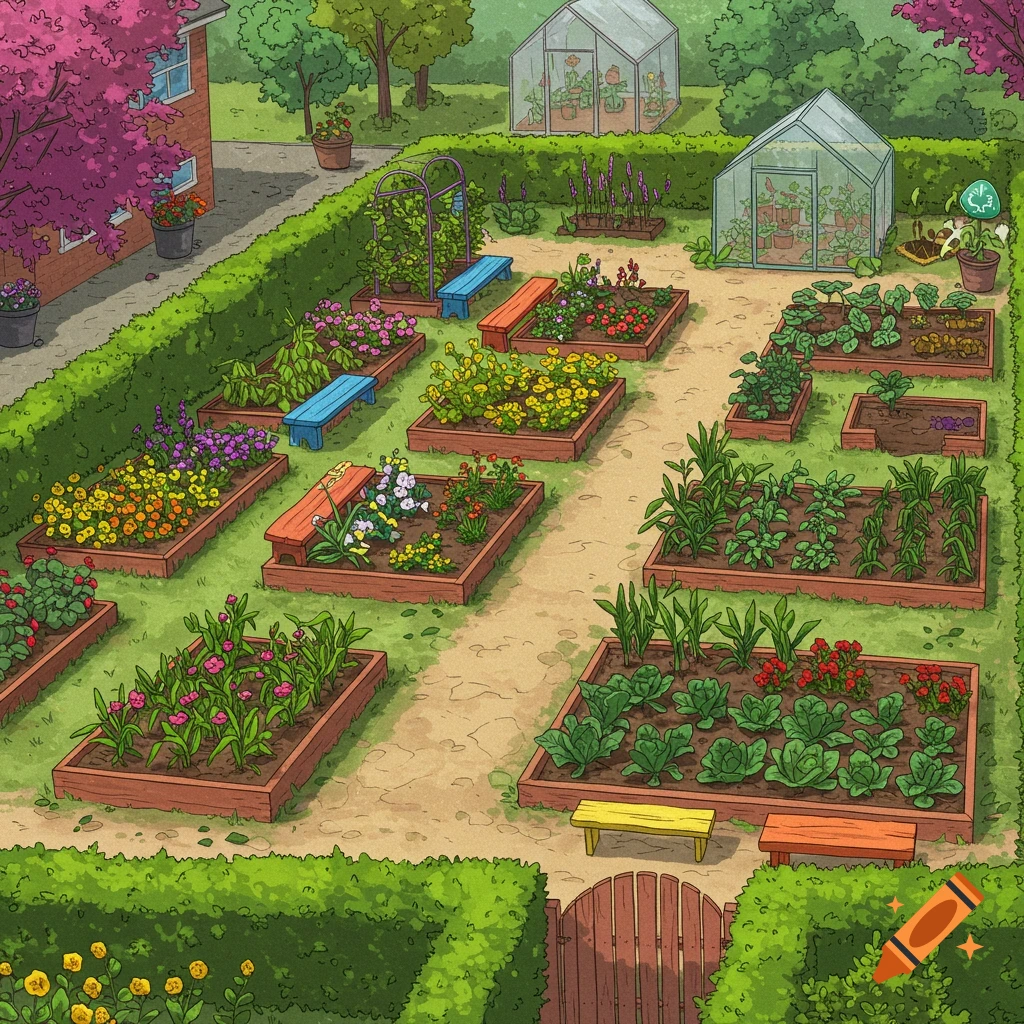 A school garden with raised beds, various plants, greenhouses, and benches.