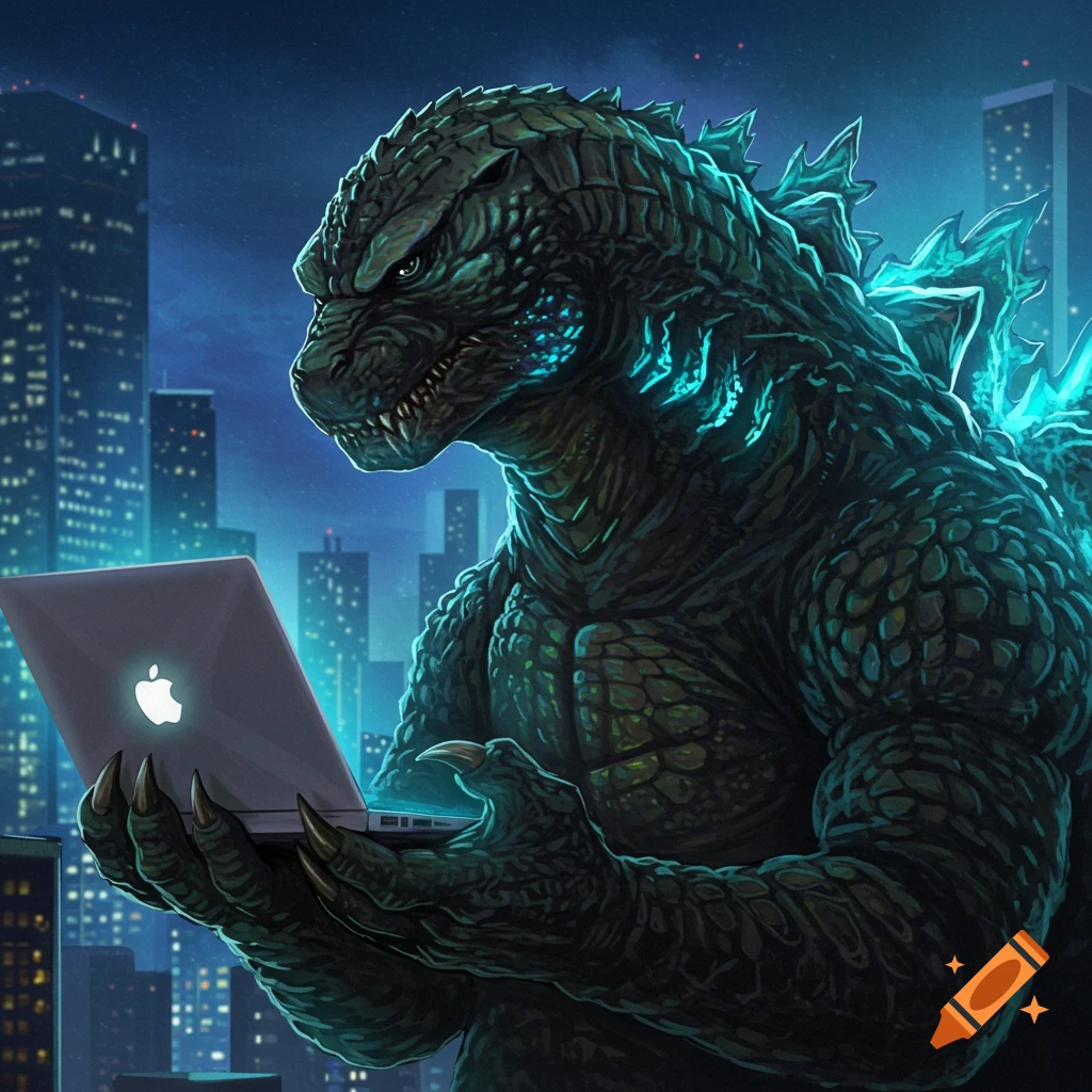 Godzilla holding a laptop in a city at night