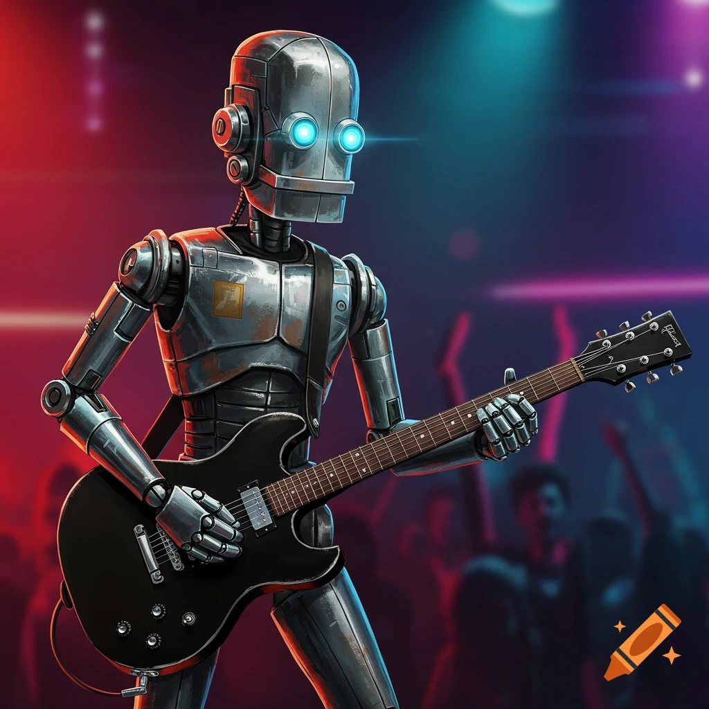 A robot playing an electric guitar on stage in front of a concert crowd.