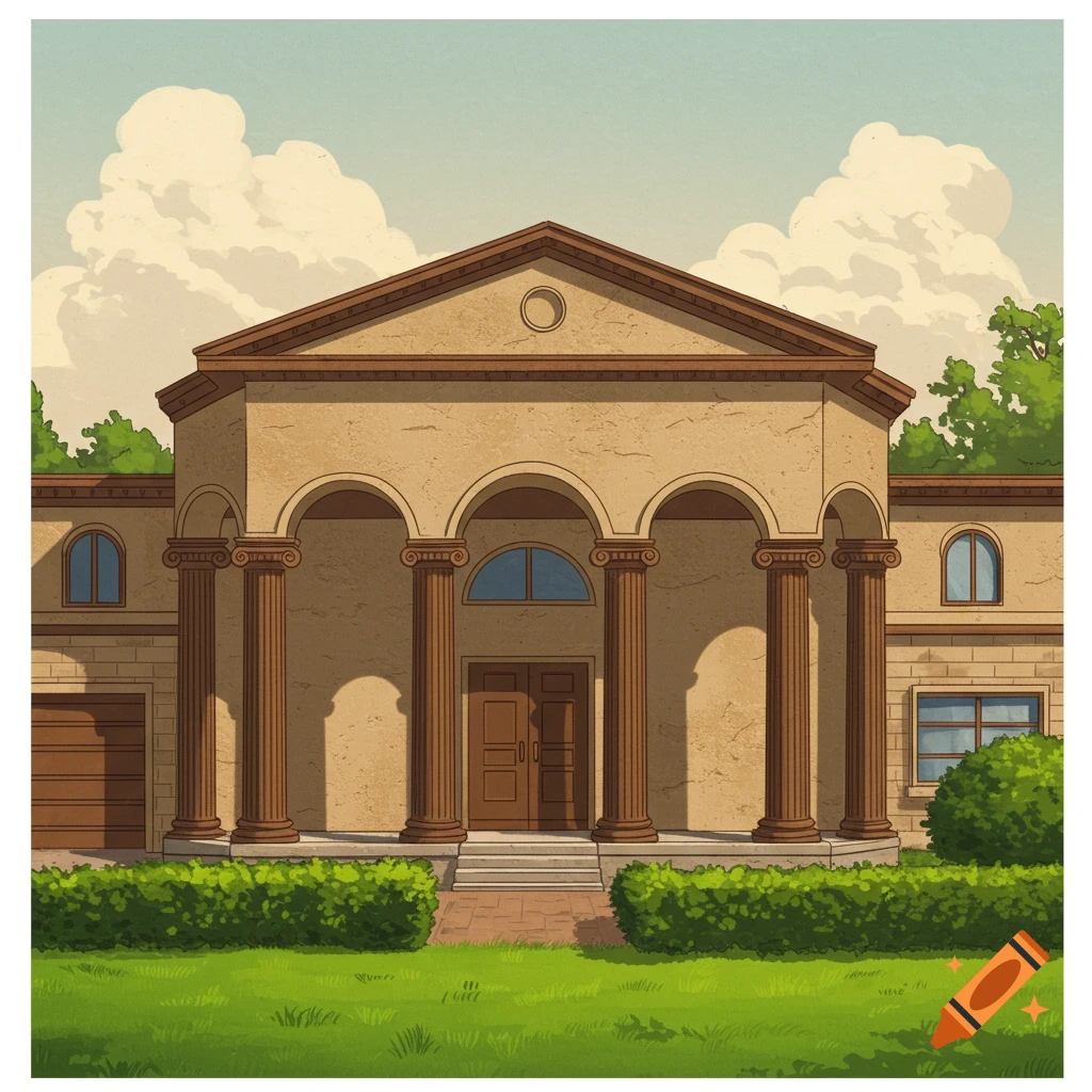 A house with a large arched entrance supported by columns.