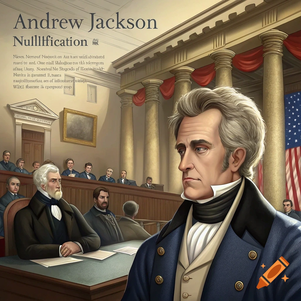 Portrait of Andrew Jackson in a courtroom during the Nullification era, with other figures seated behind him.