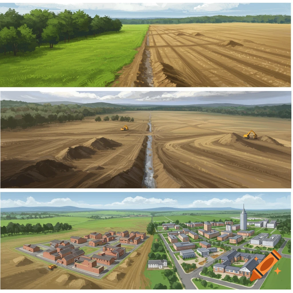Image showing land development stages: green field to cleared ground with excavators to residential and urban buildings.