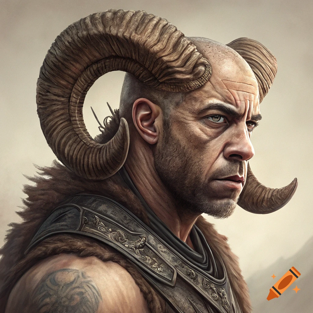 Portrait of a man resembling Vin Diesel with large ram horns and fantasy armor.