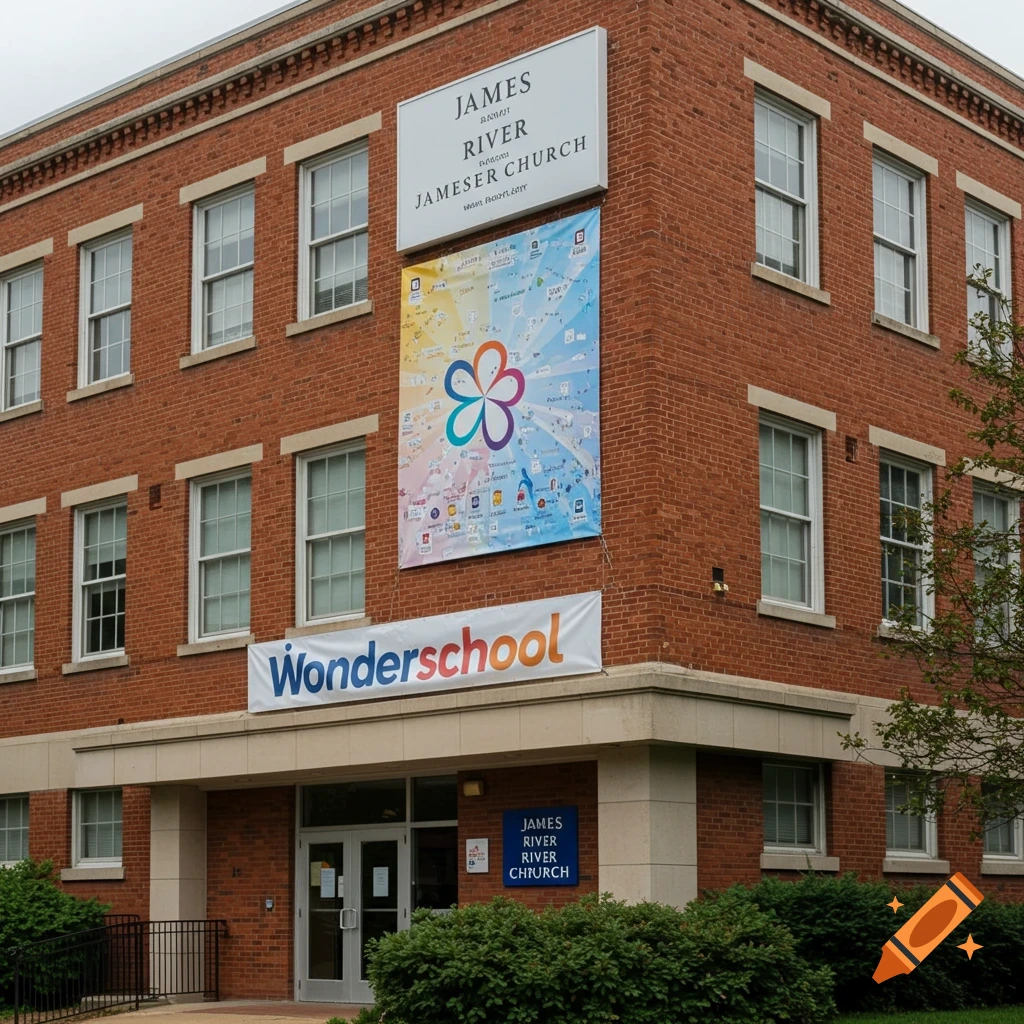 A red brick building with signs for James River Church and Wonderschool.