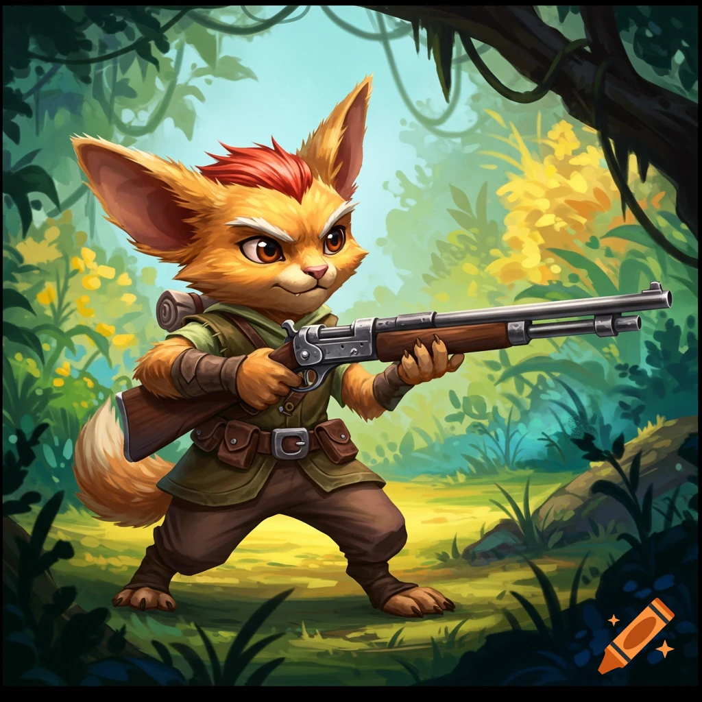 A cartoon fantasy creature, possibly a ysoki, stands in a forest holding a rifle.