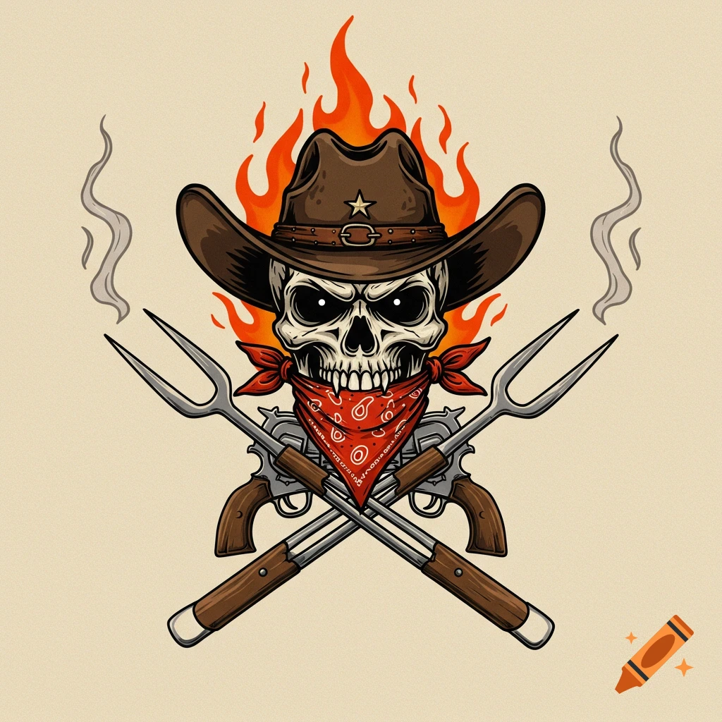 An illustration of a skull in a cowboy hat and bandana, with flaming BBQ tongs crossed like pistols and smoke.