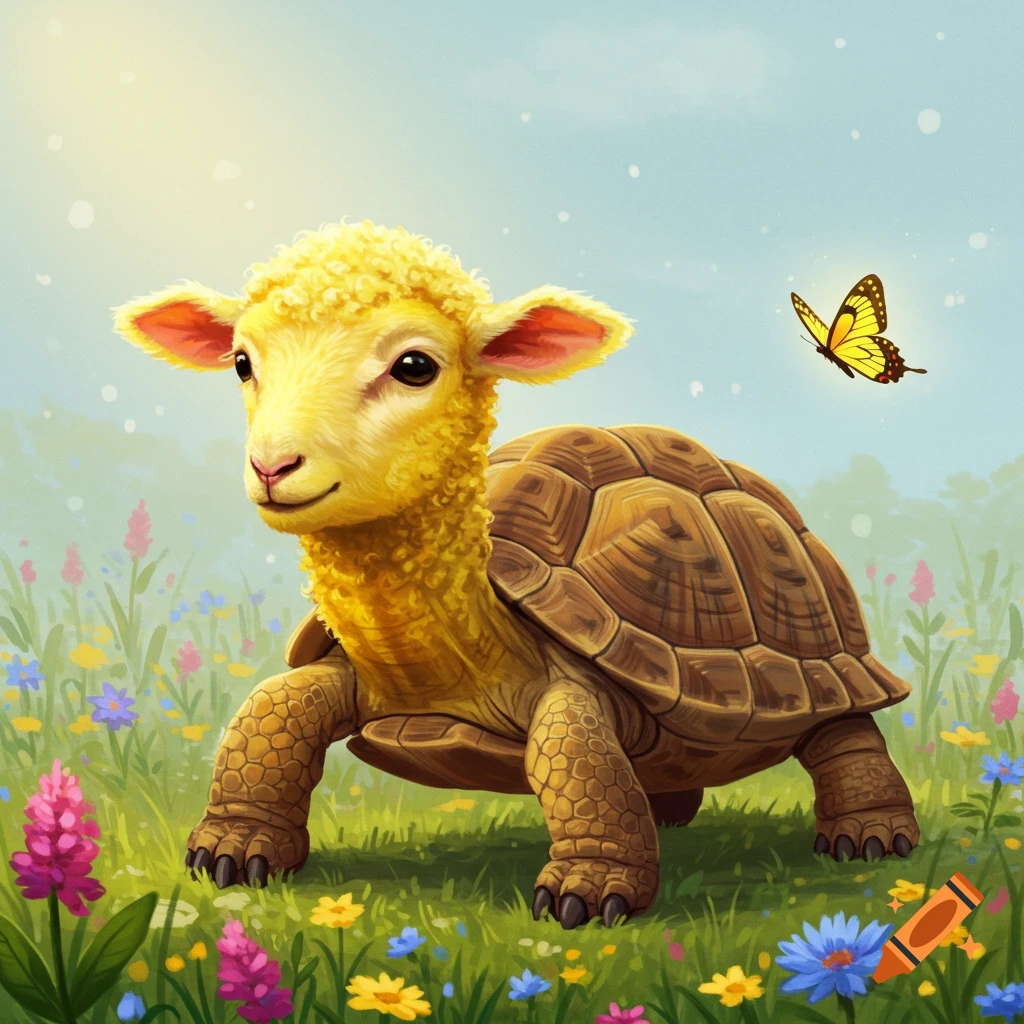 A lamb-turtle hybrid walks through a sunny field of flowers with a butterfly.