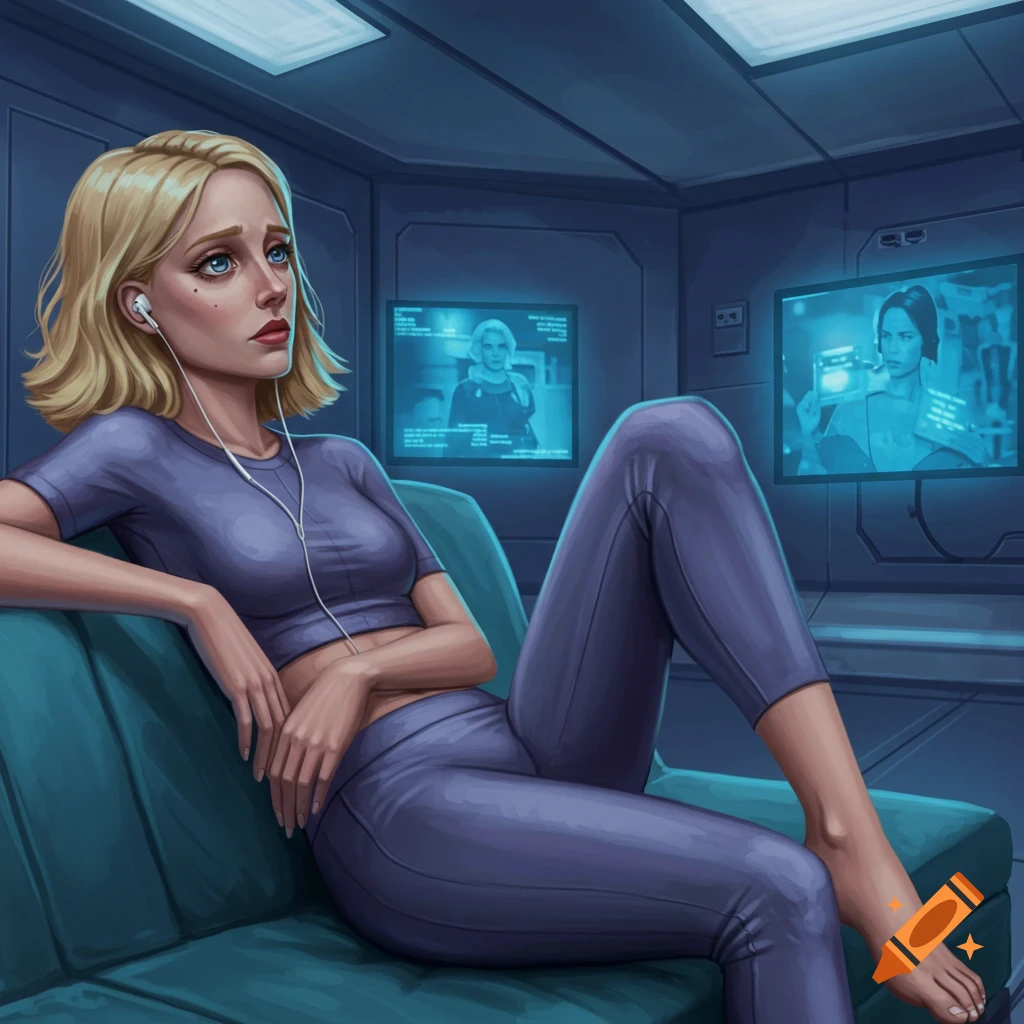 A woman with earbuds lies on a couch, watching screens in a futuristic room.