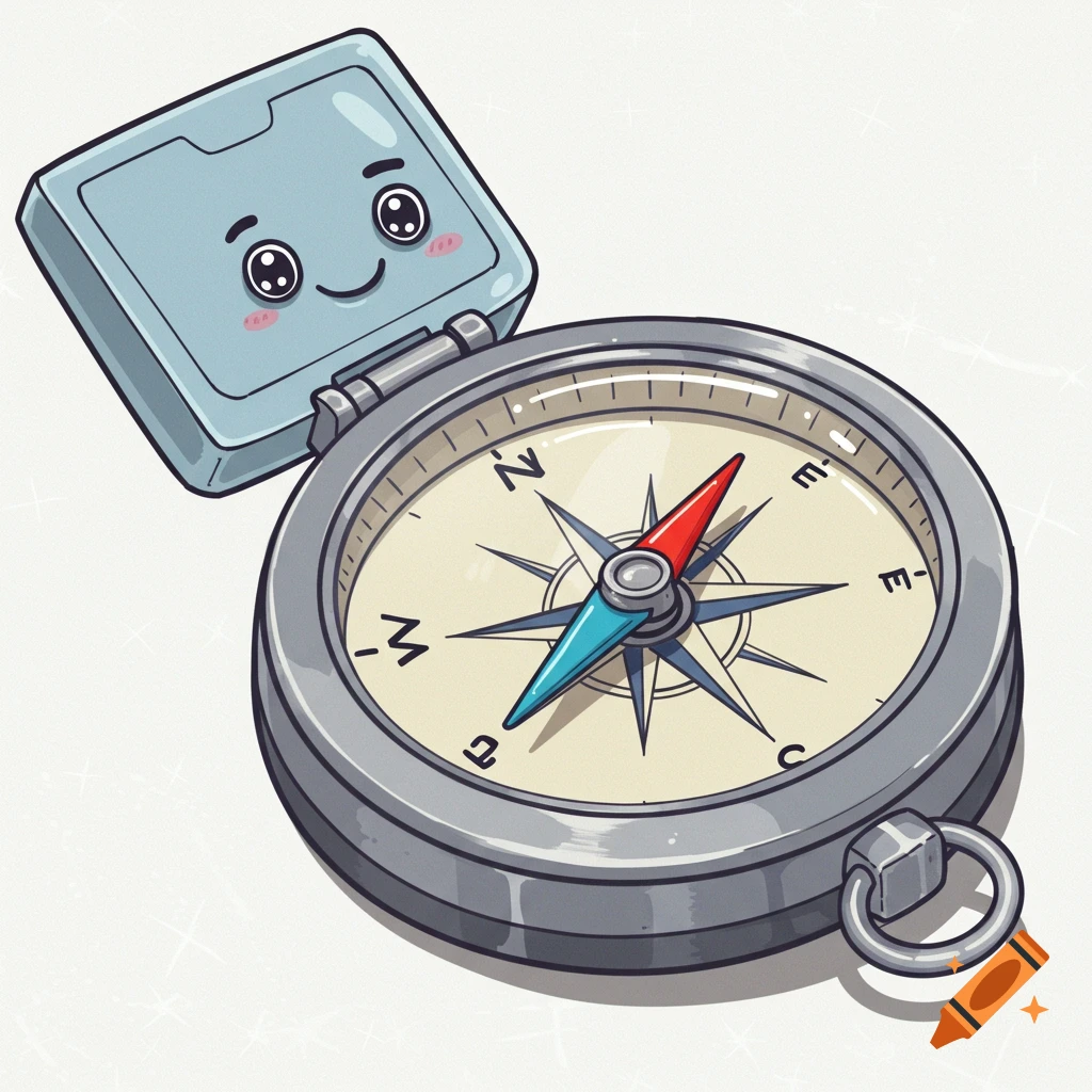 A cartoon compass styled like Clippy with a face