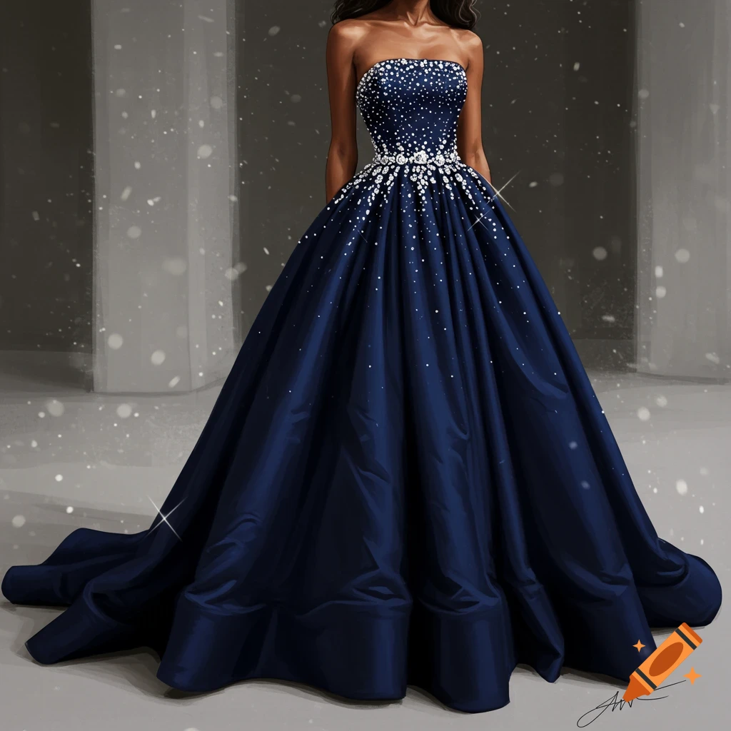 A person in a long strapless midnight blue dress adorned with diamonds