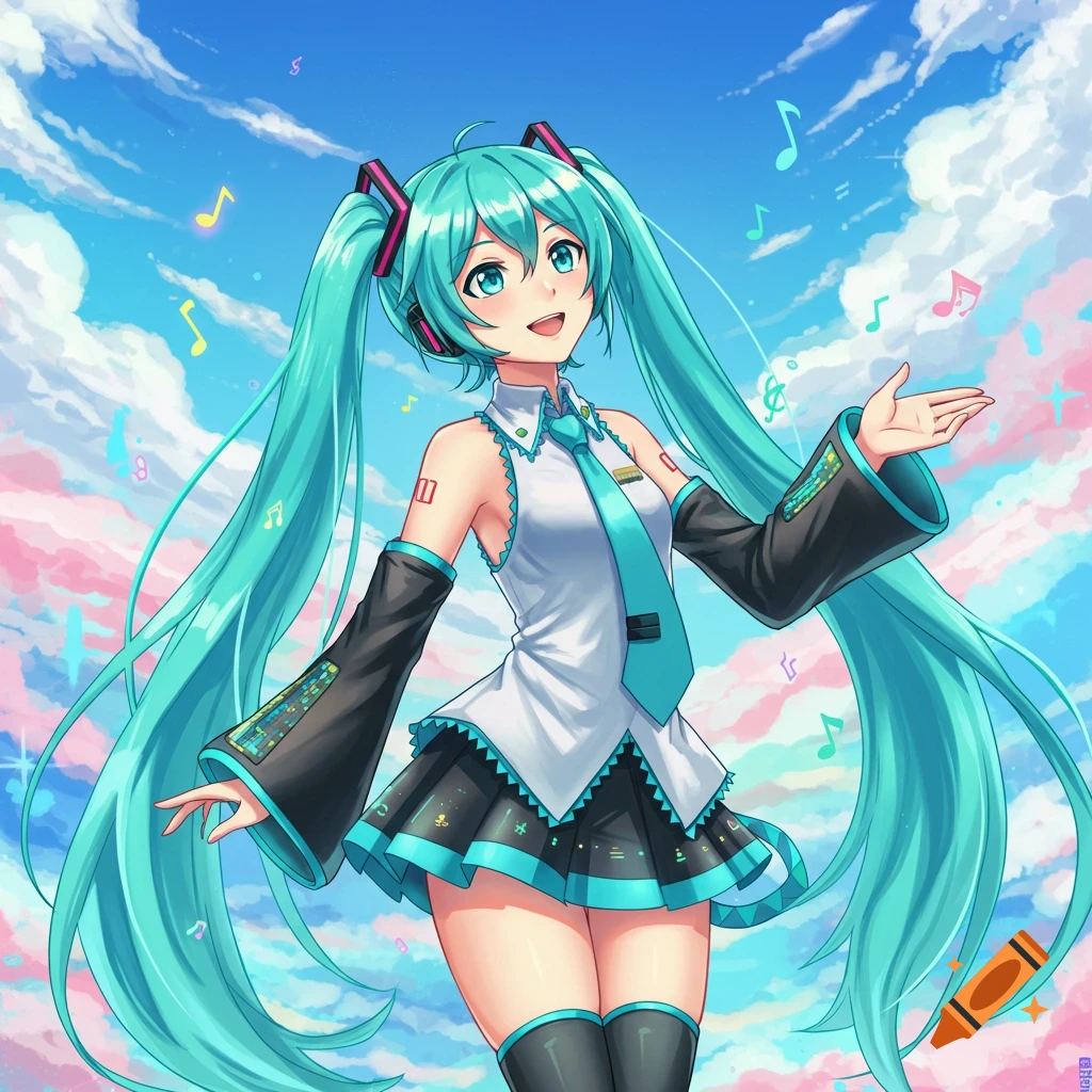 Anime illustration of Hatsune Miku standing in a sky with musical notes
