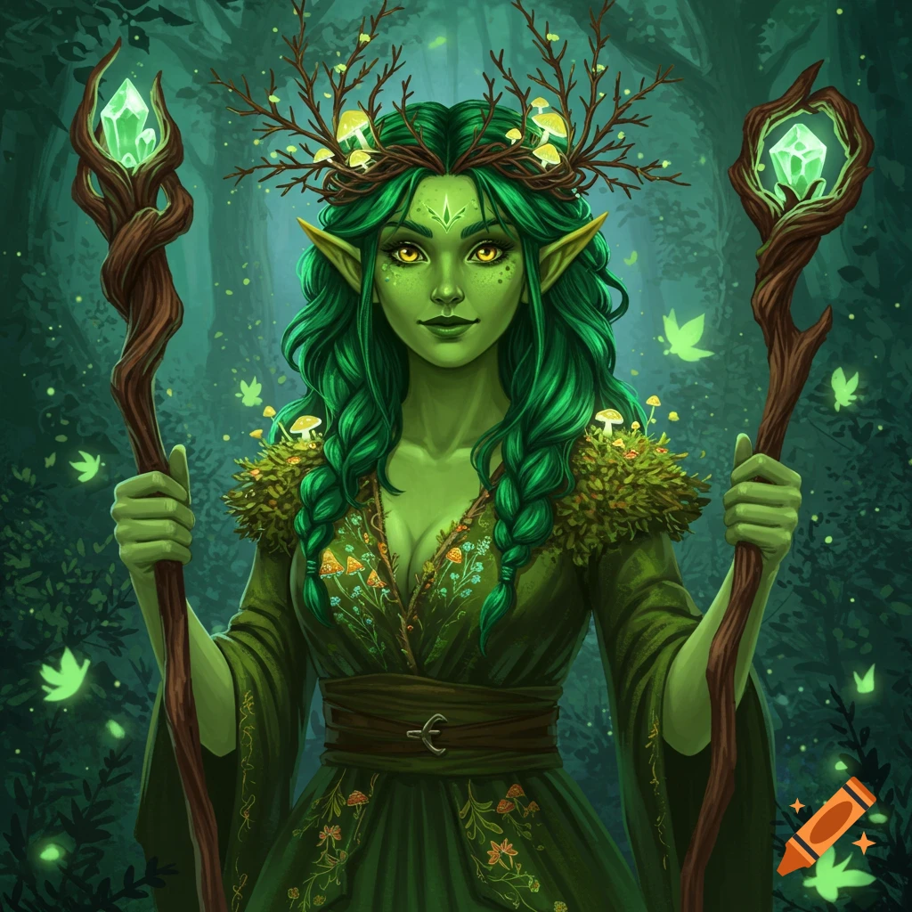 A green fantasy sorceress holding staffs in a forest.