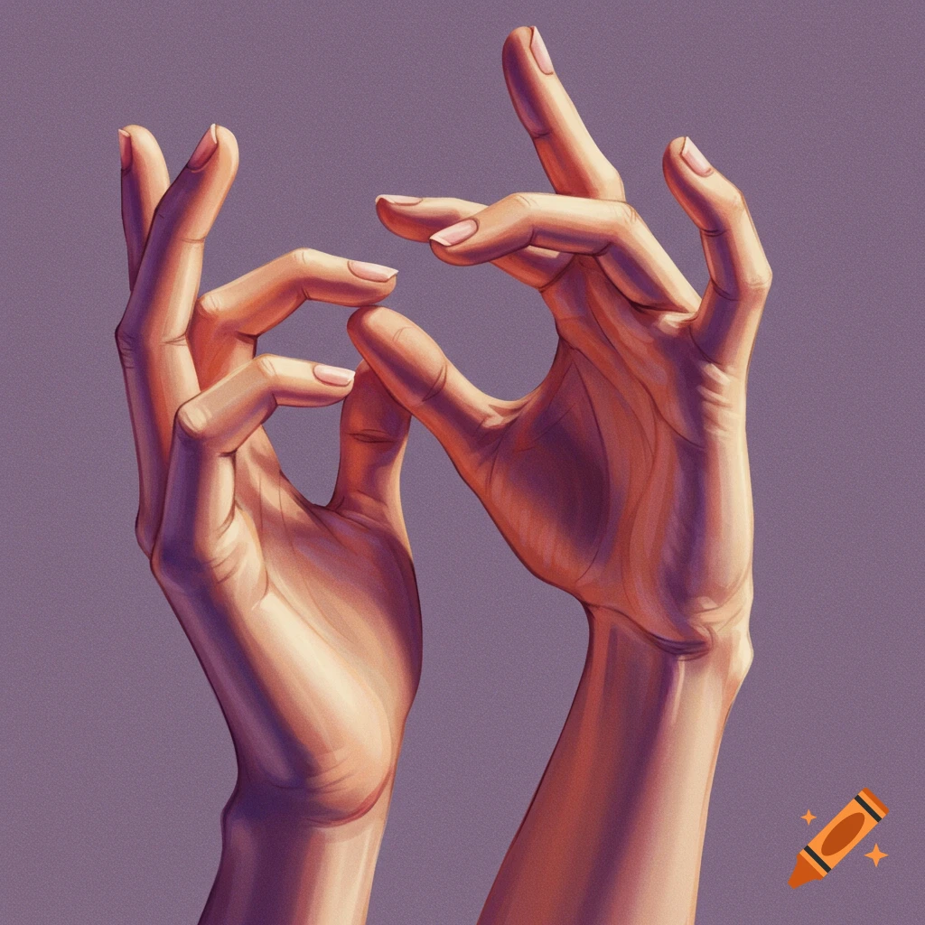 Two hands with intertwined fingers against a purple background.