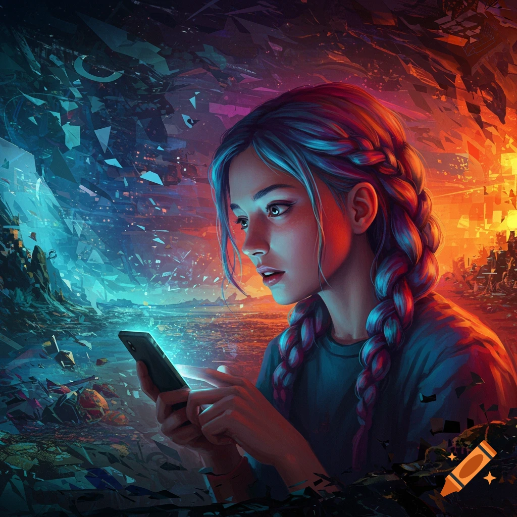 A young woman looks at her phone surrounded by abstract glowing shapes.