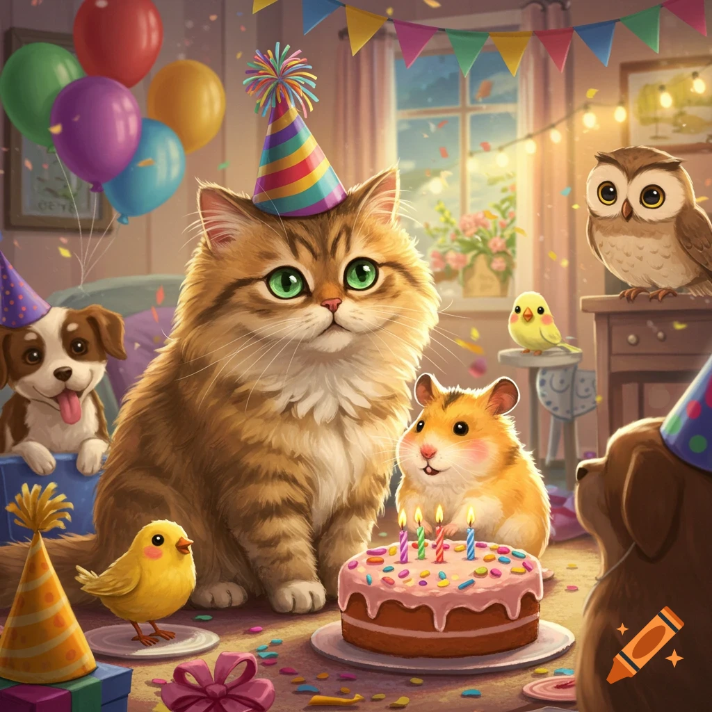 Cute animals wearing party hats around a birthday cake