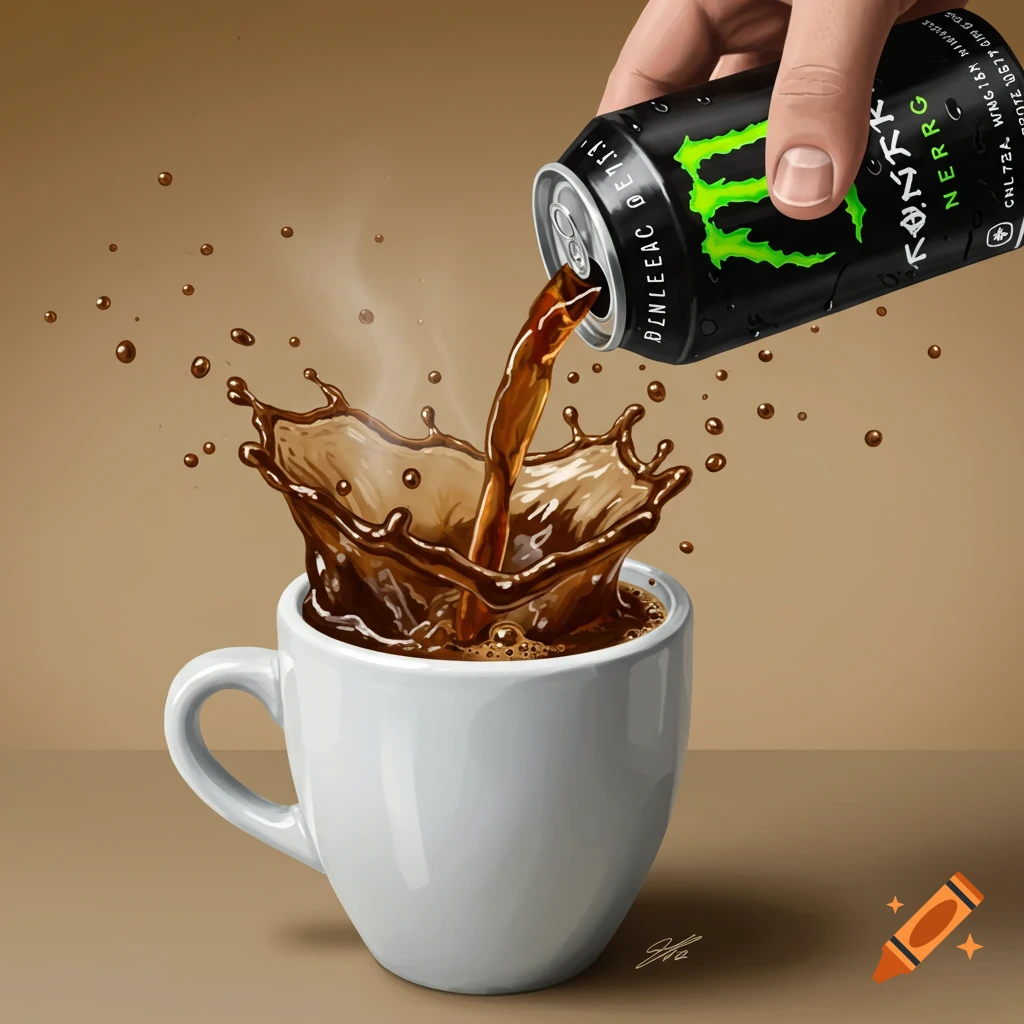 A hand pouring liquid from a black energy drink can into a white coffee cup, creating a splash.