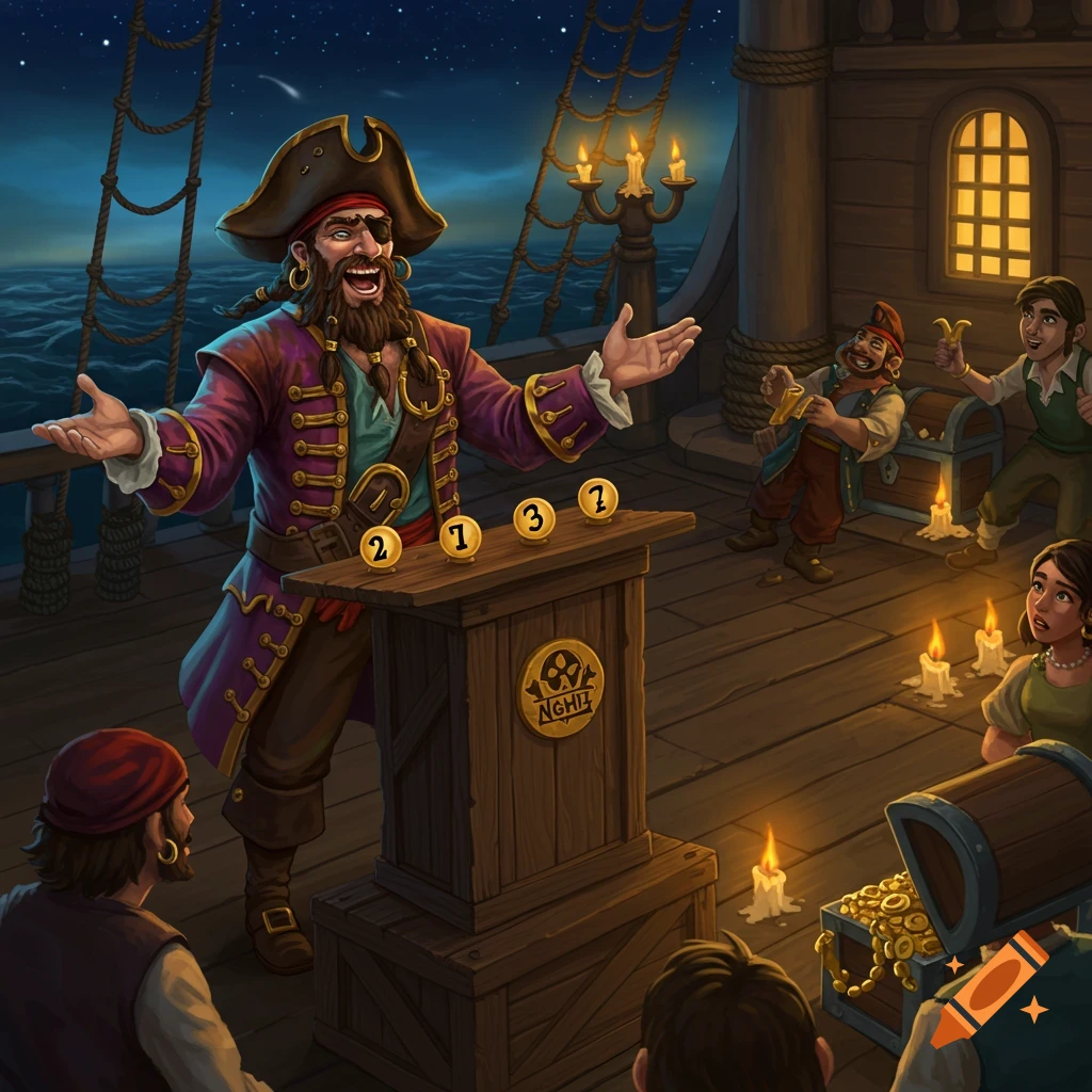 A pirate hosting trivia on a ship deck at night.