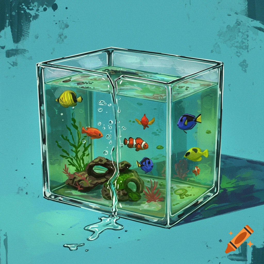 Fish tank with colorful fish leaking water.