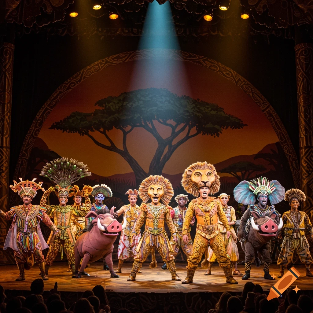 Characters in Lion King musical costumes on a stage with a spotlight