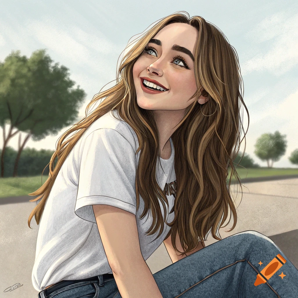 Illustration of a young woman with long brown hair smiling and looking up outdoors