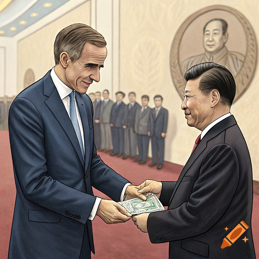Two men, one resembling Xi Jinping, the other Mark Carney, exchange money in a room with a portrait on the wall.