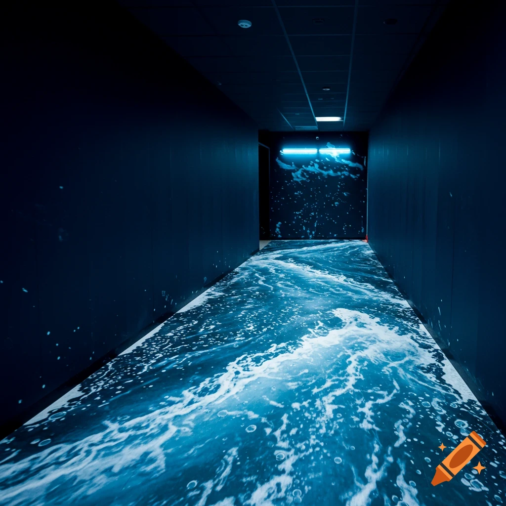 A narrow, dark room with a projected blue water effect on the floor.