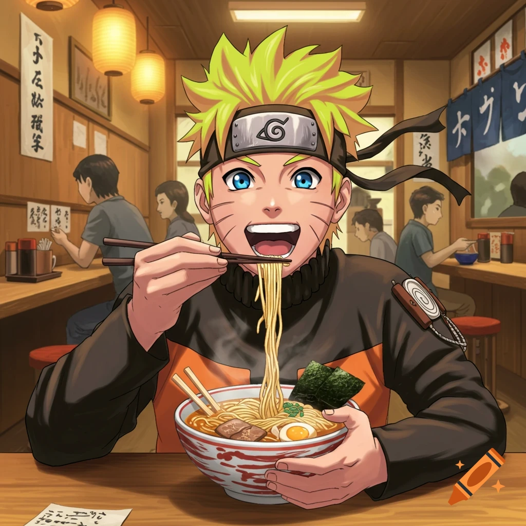 Naruto eating ramen in a restaurant.