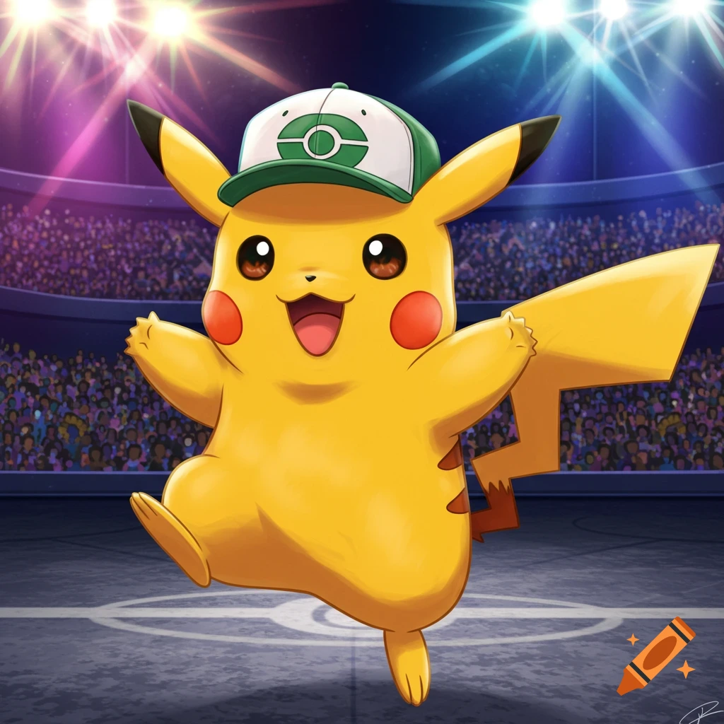 Pikachu wearing a green and white baseball cap in a stadium.