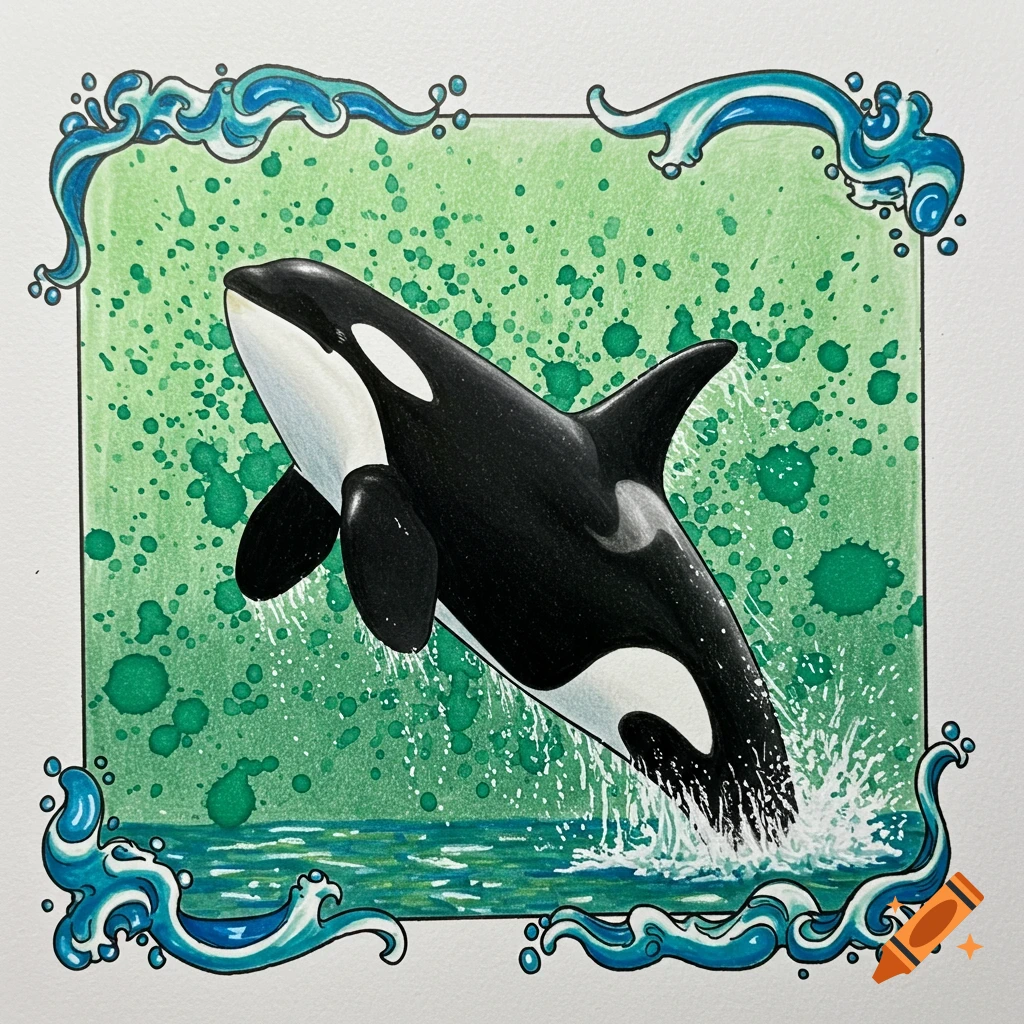 Drawing of an orca leaping from the water with a waves border and green splashes, colored pencil and marker style.