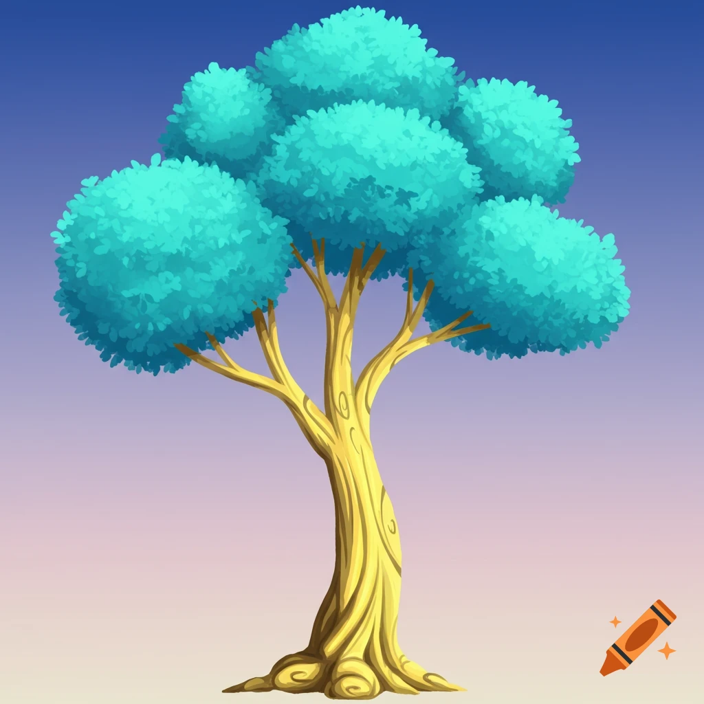 A stylized tree with a yellow trunk and bright aqua marine leaves against a gradient sky.