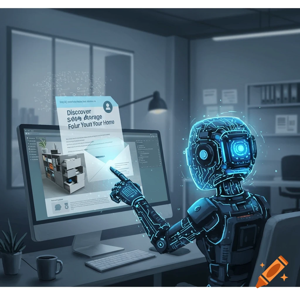 A robot is working on a computer in an office.