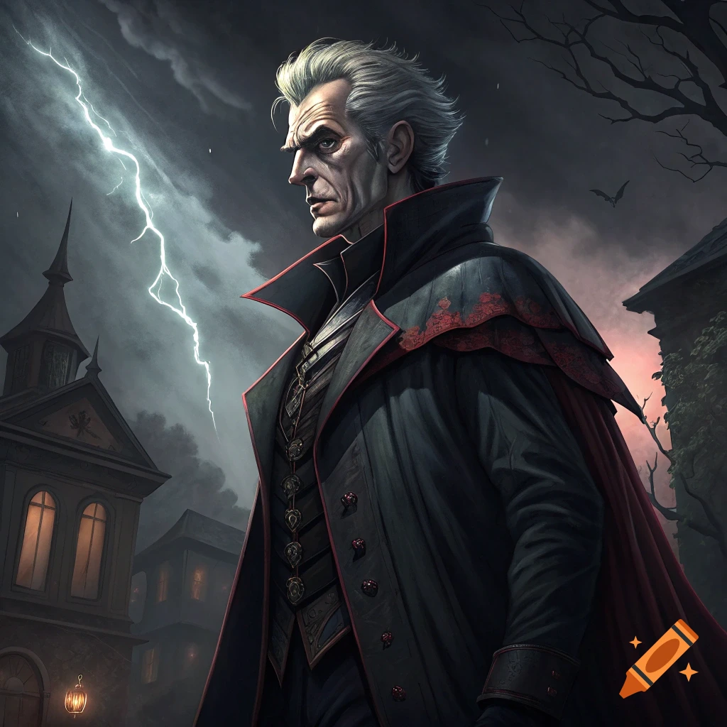 A stern man in a dark cape stands before gothic buildings under a lightning-streaked sky.