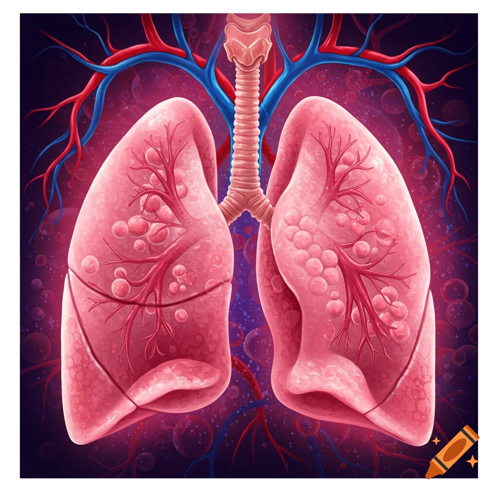 An illustration showing human lungs, trachea, and blood vessels with a bubbly background.