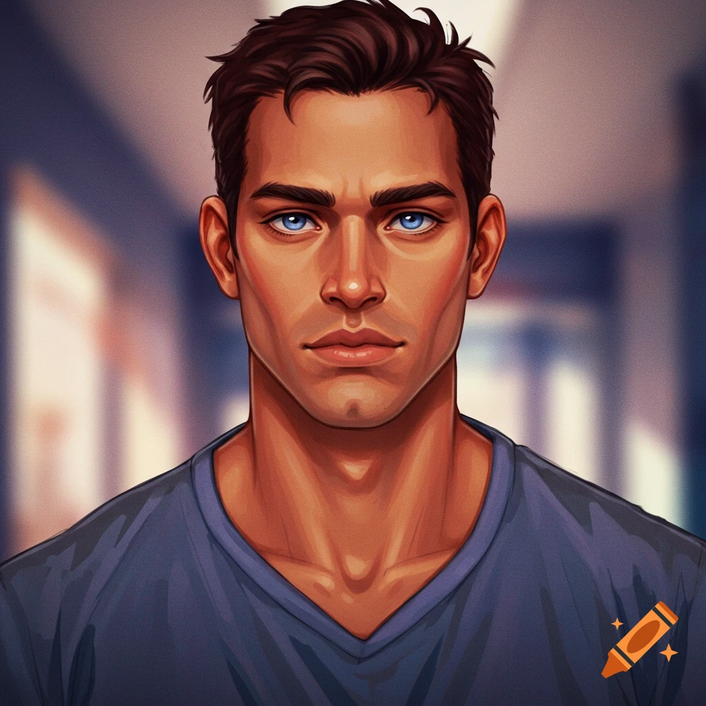 A portrait of a young man with blue eyes and dark hair wearing a blue shirt.