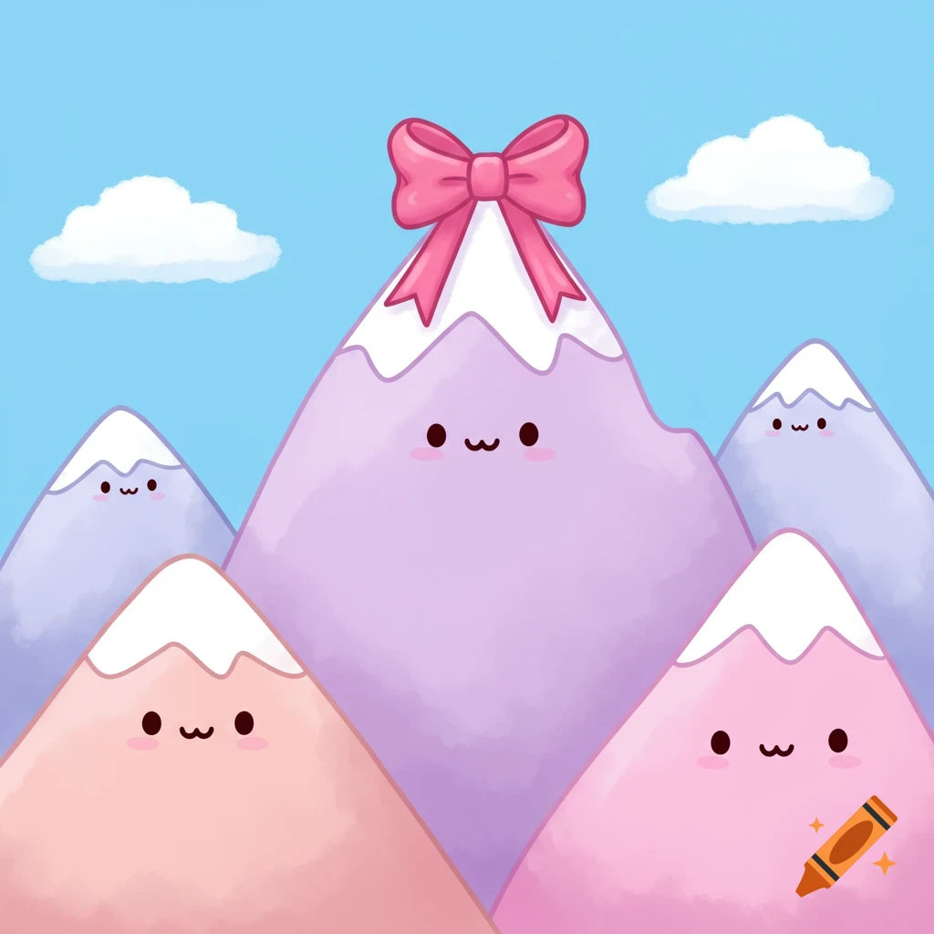 Cute clip art of colorful mountains with faces, one with a pink bow, under a blue sky.