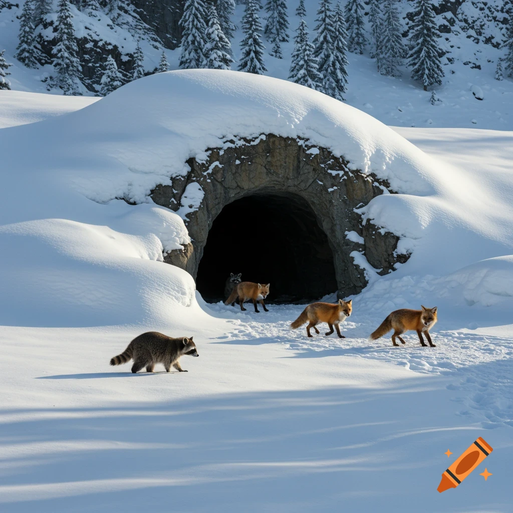 A raccoon and three foxes walk on snow near a cave entrance on a snowy mountain.