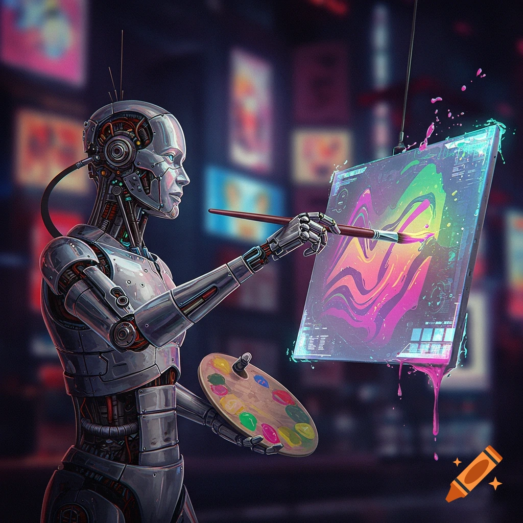 A futuristic robot paints a colorful abstract design on a glowing canvas.