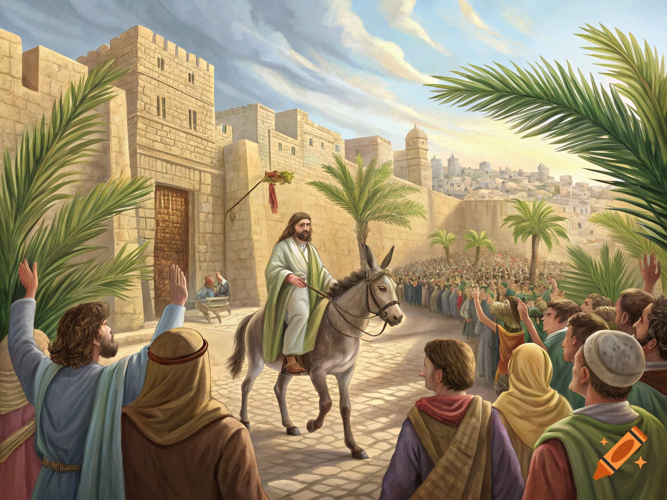Painting of Jesus riding a donkey through a city gate as a crowd waves palm branches