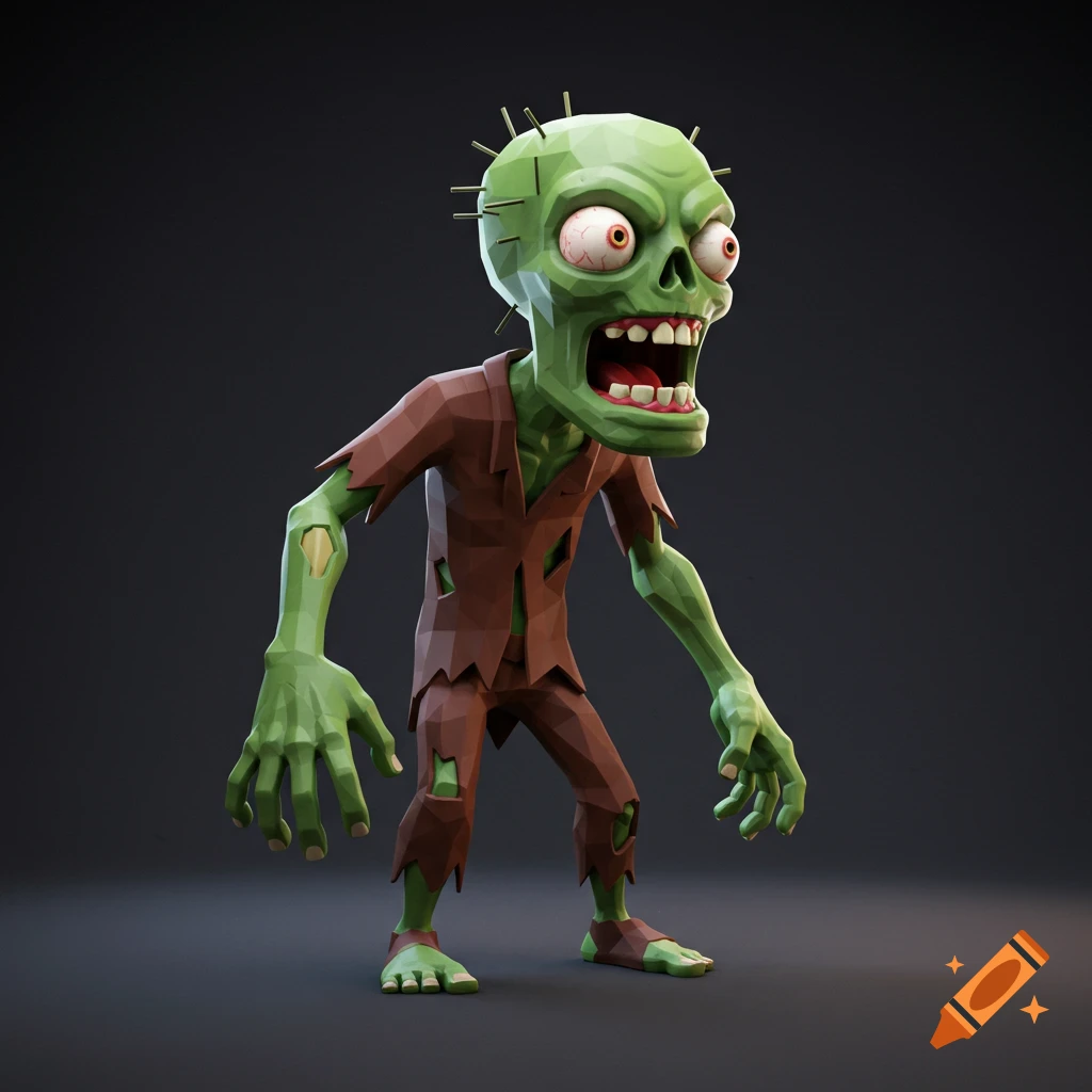 A low poly stylized green zombie with exaggerated features.