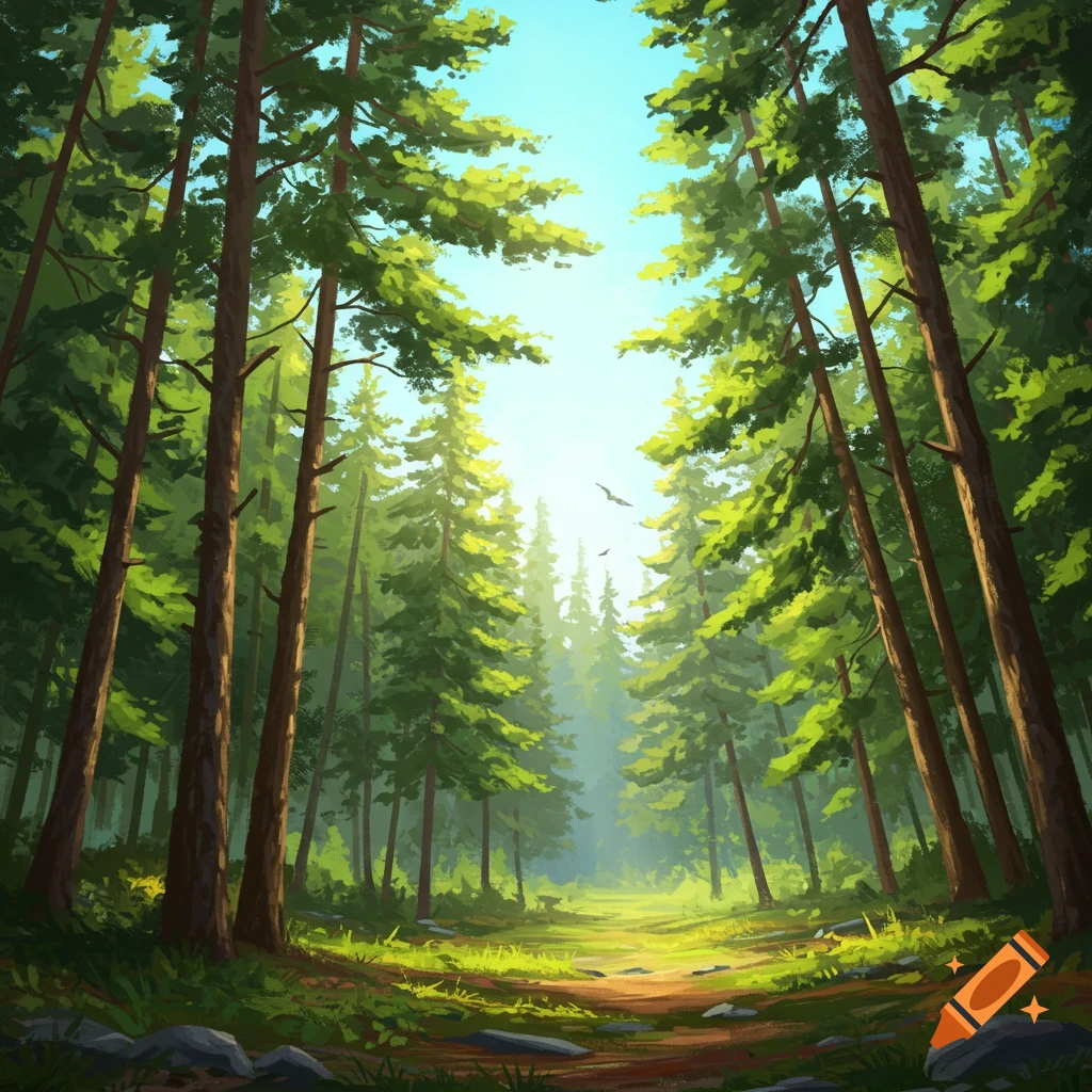 A sunlit forest looking up at the sky through tall pine trees.