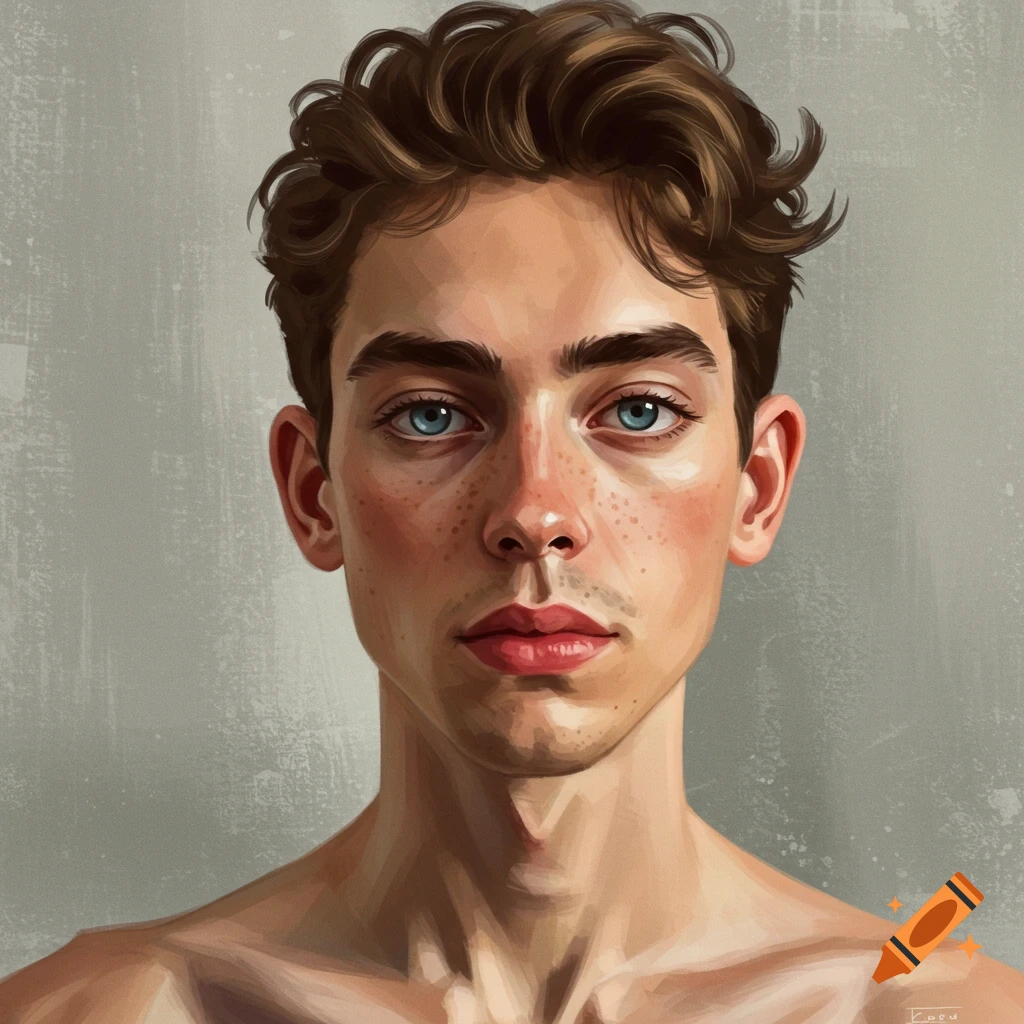A young man with brown hair, blue eyes, and freckles.