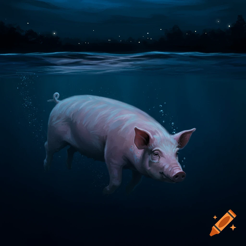 A pig swimming underwater at night.