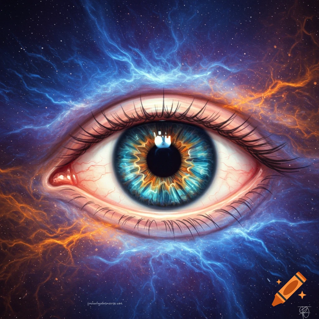 A close-up of a human eye with a blue and orange iris set against a cosmic background with swirling energy.