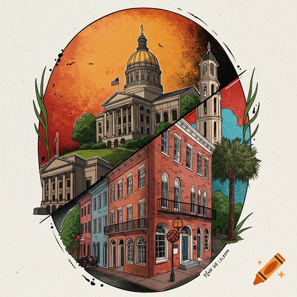 Illustration of a state capitol building and colorful city buildings in an oval frame.