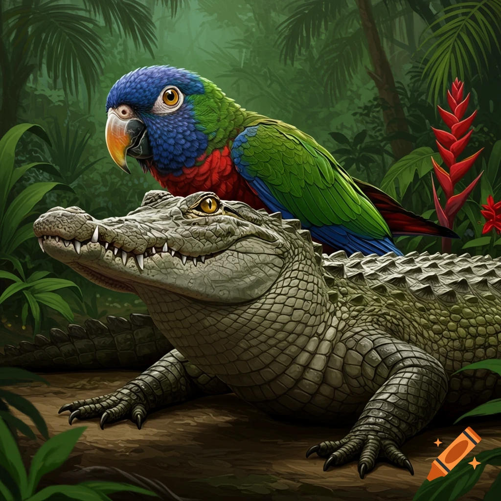 A colorful blue and red parrot sits on the back of a large alligator in a lush jungle setting.