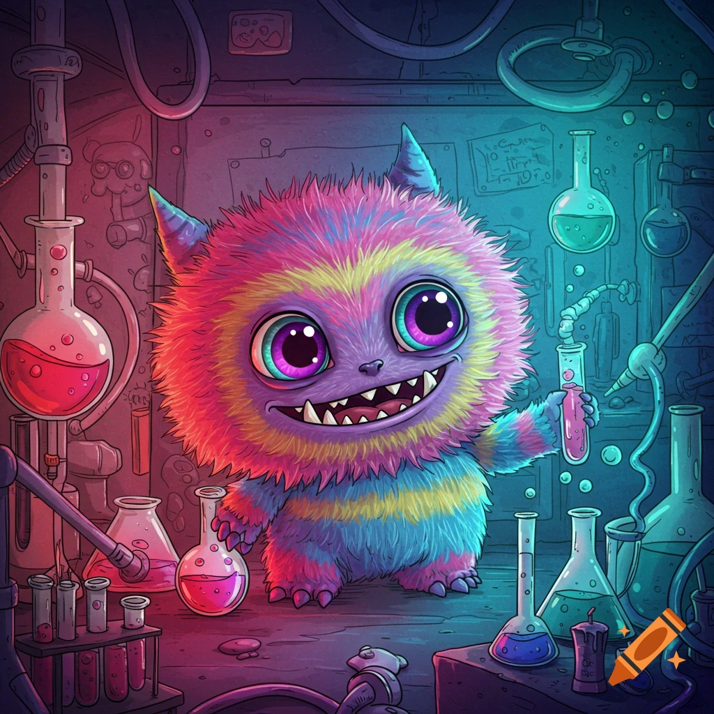 A vibrant, furry monster with big eyes holds a test tube in a colorful laboratory illustration.