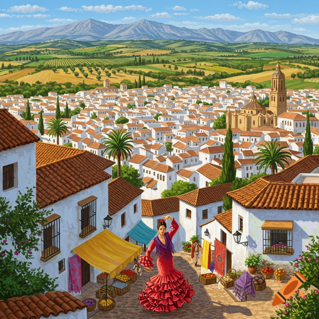 A flamenco dancer in a Spanish town square