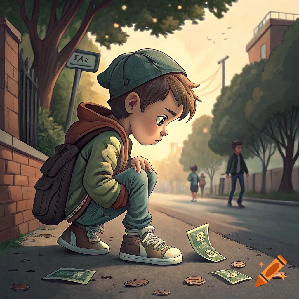Cartoon illustration of a sad boy crouching on a street, looking at coins and paper money scattered on the ground.