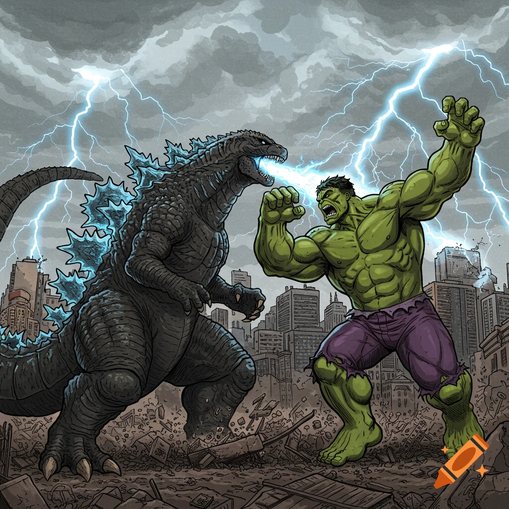 Godzilla and Hulk fight in a destroyed city during a lightning storm.